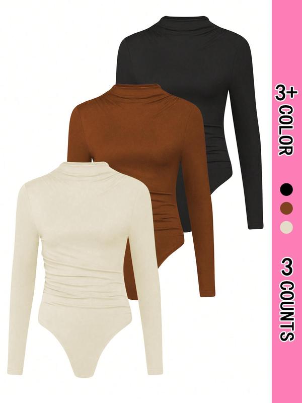 Women's Solid Color Ruched Mock Neck Bodysuit, Casual Long Sleeve Bodysuit for Daily Wear, Ladies Clothes for All Seasons Tops