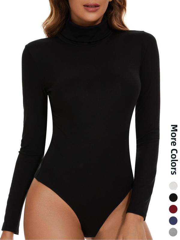 Women's Solid Long Sleeve Thermal Bodysuit, Casual Comfy High Neck Snap Button Warm Bodysuit for Spring & Fall, Women Thermal Underwear for Daily Wear