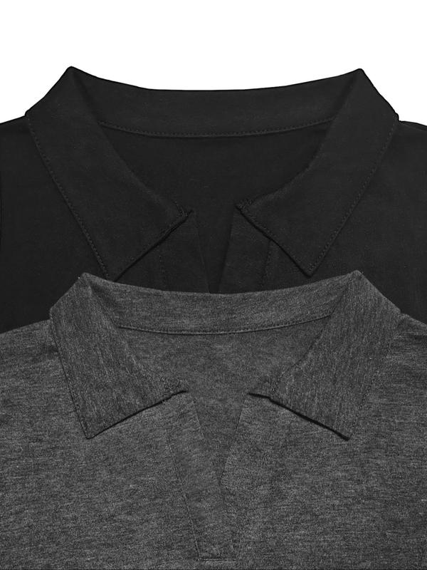 Women's Solid Color Collared Long Sleeve Tee, Casual Polo Neck T-shirt for Fall, Women's Top for Daily Wear
