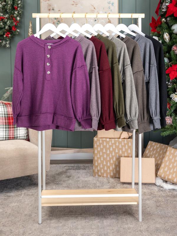 Andree Button Up Long Sleeve Ribbed Henley Top | S - 3X