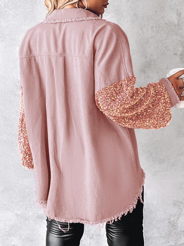  Contrast Sequin Raw Hem Button Front Shirt Jacket, Casual Long Sleeve Collared Pocket Outerwear for Fall & Winter, Women's Clothes for Daily Wear