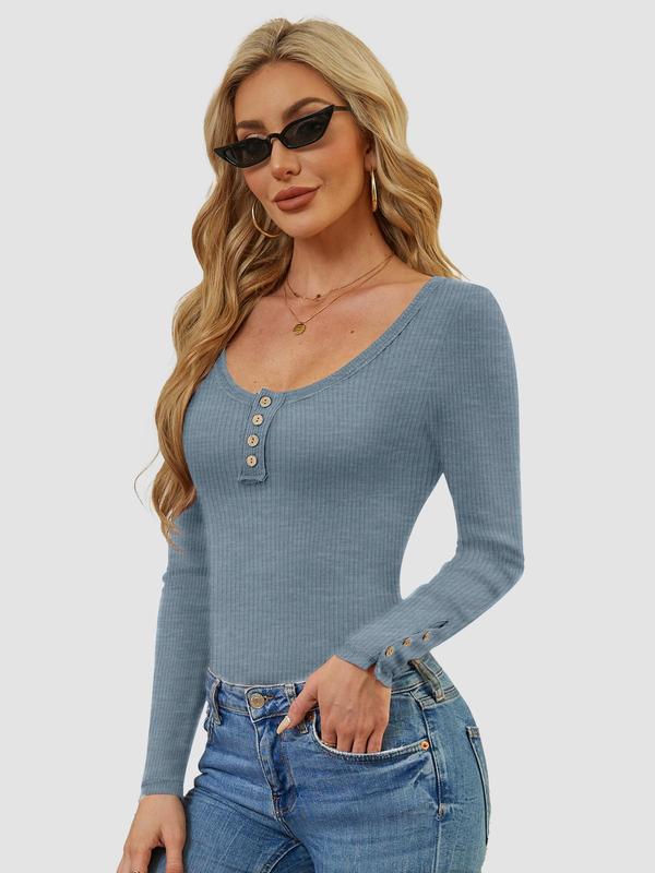 Women’s Long Sleeve T Shirts Button Slim Fit Tops Scoop Neck Ribbed Knit Shirts Casual Clothing Bag Blouses Bottoms Comfy Cute Fashion Pleated