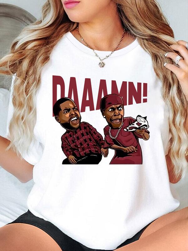 Women's Cartoon & Letter Print Round Neck Tee, Fashion Casual Crew Neck T-Shirt for Daily Holiday Vacation Outdoor Wear, Ladies Clothes for Summer