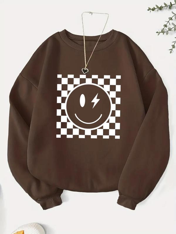 Women's Smile Face Print Crew Neck Sweatshirt, Casual Long Sleeve Pullover for Fall & Winter, Women's Clothes for Daily Wear
