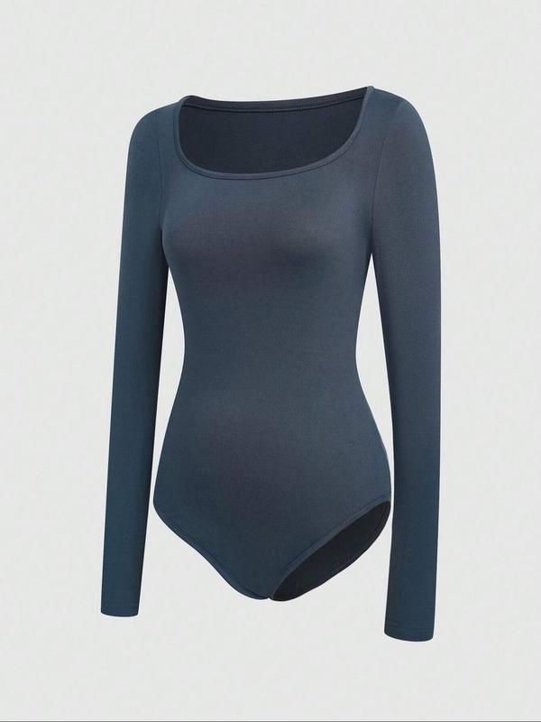 Women's Solid Scoop Neck Long Sleeve Bodysuit, Casual Tops, Comfy Bodysuit for Daily Wear, Ladies Clothes for All Seasons North West Body Suit