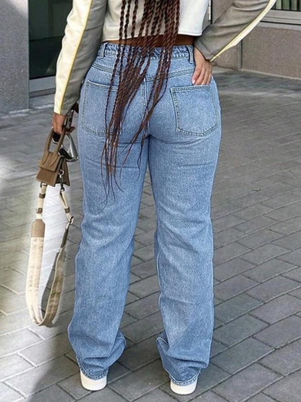 Women's Plain Button Fly Straight Leg Denim Jeans, Casual Pocket Design Trousers for Daily Wear, Ladies Bottoms for All Seasons