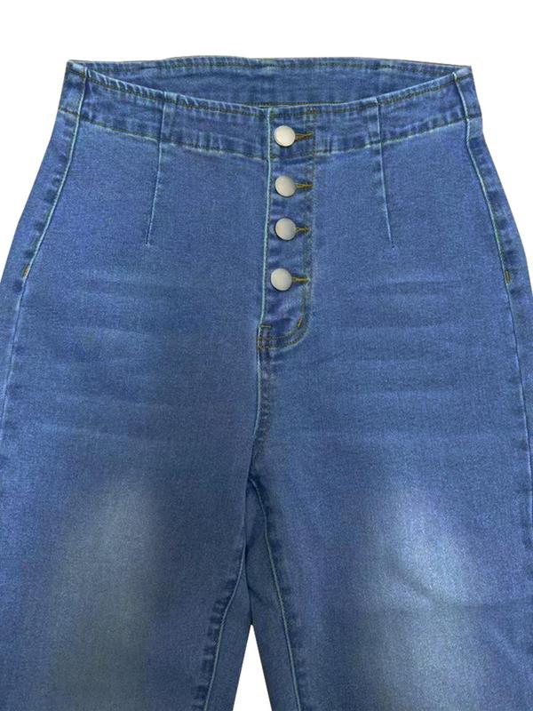 Women's Plain High Waist Button Fly Skinny Jeans, Casual Comfy Pocket Design Denim Jeans for Daily Wear, Ladies Bottoms for All Seasons