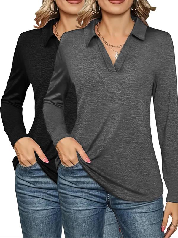 Women's Solid Color Collared Long Sleeve Tee, Casual Polo Neck T-shirt for Fall, Women's Top for Daily Wear