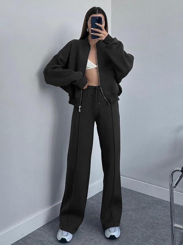 Sporty Two-Piece Set Women's Plain Mock Neck Zip Up Jacket & Pocket Drawstring Waist Sweatpants Sports Sweat Suit, Sports Cozy Breathable Outfits for Daily Outdoor Wear, Ladies Sportswear for All Seasons
