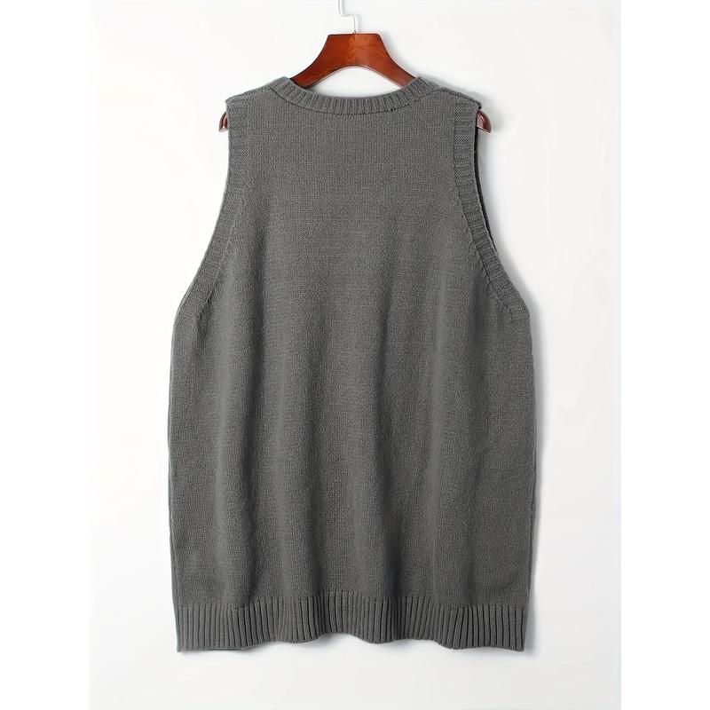 Plus Size Pockets Knitted Sweater Vest, Casual Solid Color V Neck Sleeveless Top For Fall & Winter, Women's Plus Size Clothing