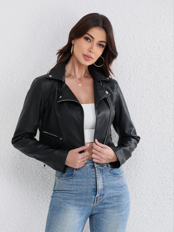 Women's Solid Button Front Pocket Zipper PU Leather Crop Jacket, Street Fashion Long Sleeve Lapel Outerwear for Daily Wear, Ladies Clothes for All Seasons