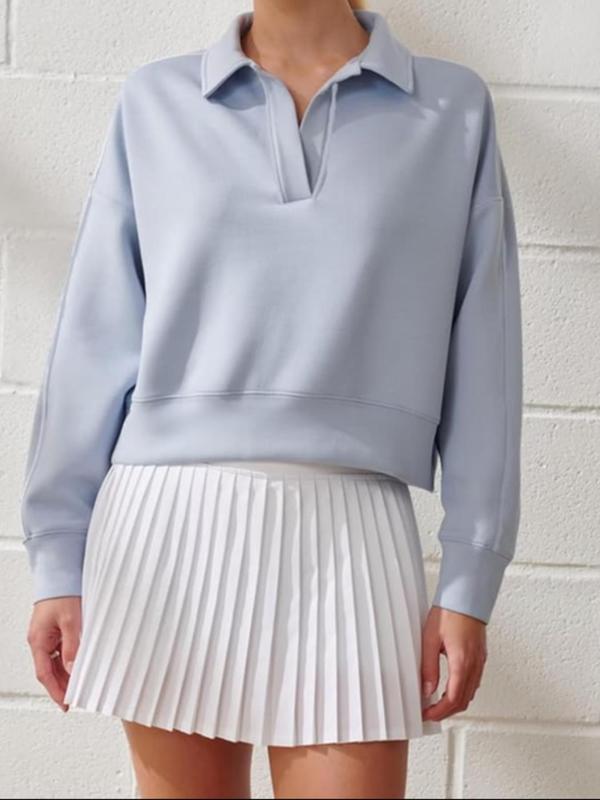 Women's Plain Drop Shoulder Polo Sweatshirt, Casual Long Sleeve Collared Pullover for Fall & Winter, Ladies Clothes for Daily Wear