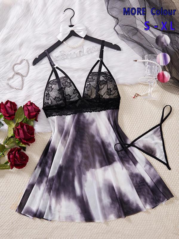 Women's Tie Dye Print Contrast Mesh Bow Decor Cami Nightdress & Thong Two-piece Set, Romantic Spaghetti Strap Nightgown & Panty Set, Ladies Sleepwear for All Seasons