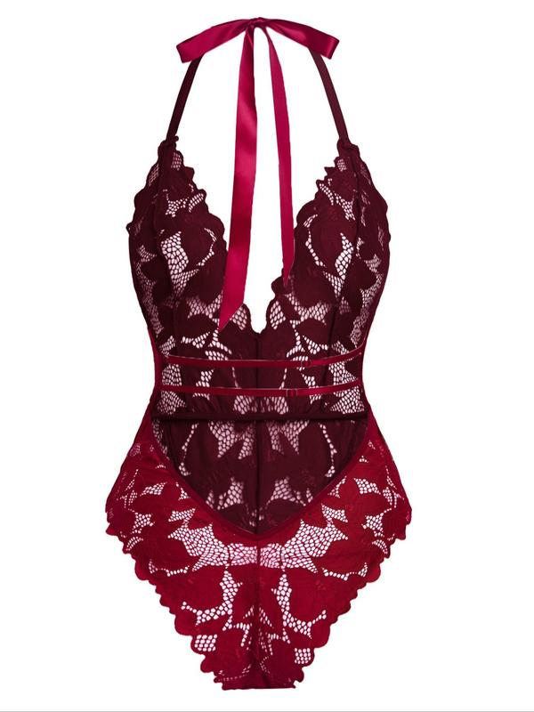 Women's Plants Embroidery Lace Sexy Lingerie Bodysuit, Romantic Deep V Neck Tie Backless Halter Sheer Bodysuit, Ladies One-Piece Lingerie for Nightwear