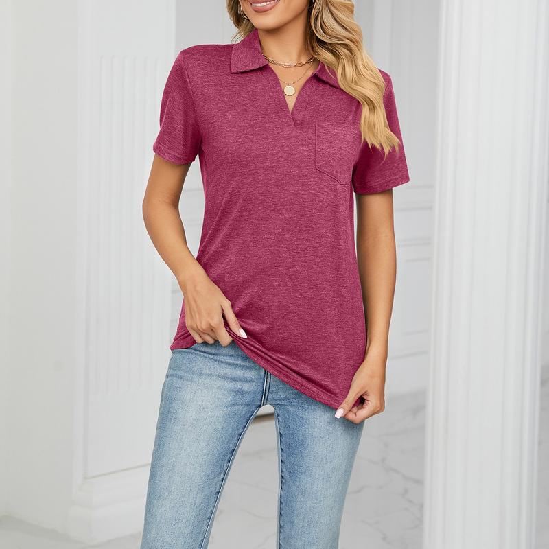 Women V Neck Polo Shirts Short Sleeve Collared Tops Loose Pocket Tunic