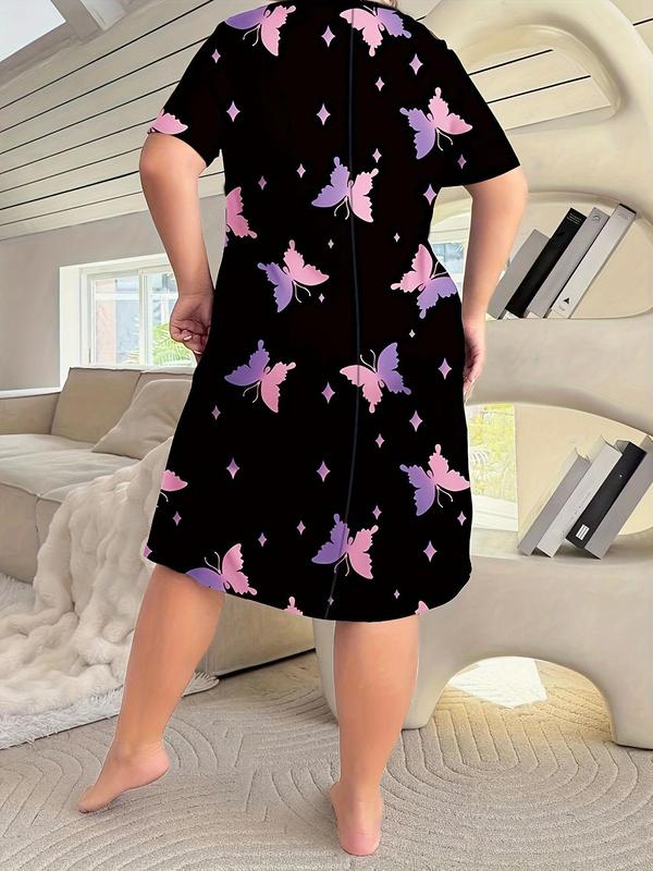  Butterfly & Rabbit Print Round Neck Nightdress, Casual Soft Comfortable Short Sleeve Nightgown for Women, Women's Sleepwear for All Seasons