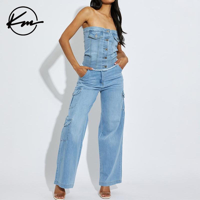 KatchMe Women's Trendy Denim High Waist Wide Leg Cargo Trousers,Multi-Pocket Street Womenswear,Jeans With Cargo Pockets,Versatile Casual Outfits(new)