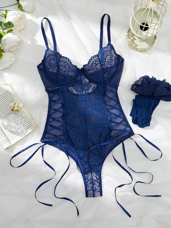 Women's Solid Floral Lace Sheer Sexy Lingerie Two-piece Set, Adjustable Strap Lace Up Tie Side Bodysuit & Lace Hem Stocking Set, Women Sexy Lingeries Set for All Seasons