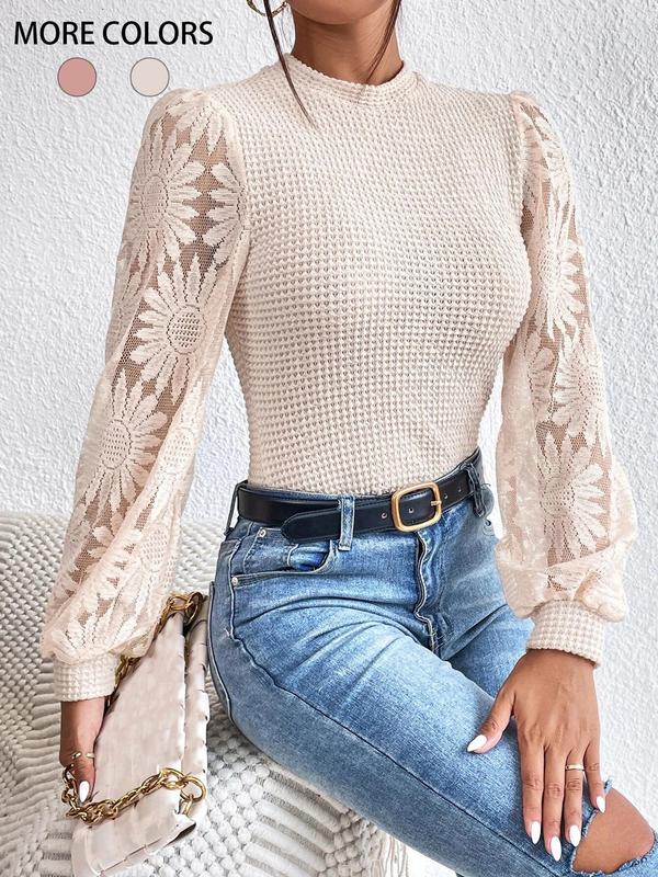 Women's Patchwork Floral Jacquard Textured Sheer Bishop Sleeve Tee, Casual Mock Neck Long Sleeve Top for Spring & Fall, Women's Clothing for Daily Wear, Fall Clothes