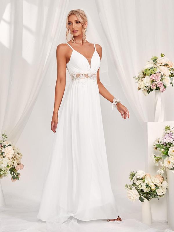 Women's Plain Contrast Lace Chiffon Wedding Vintage Dress, Elegant Embroidery Long Cami Dress, Summer Outfits 2024, Ladies Summer Clothes for Party Wedding Guest