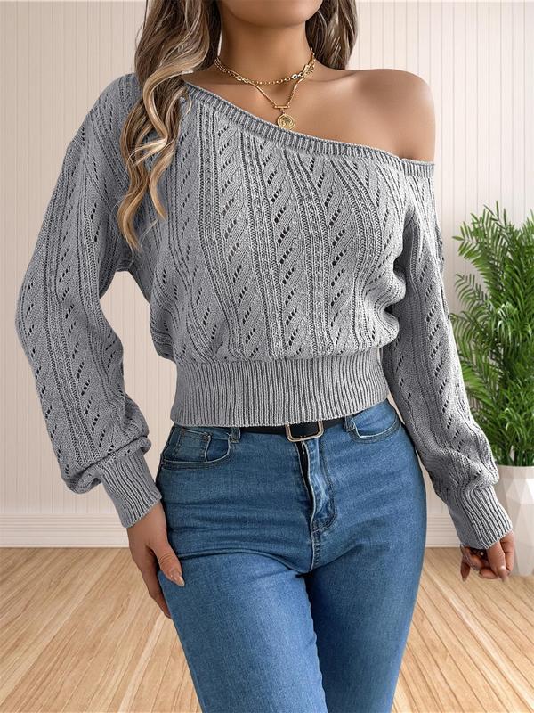 Women's Plain Hollow Out Drop Shoulder Sweater, Casual Long Sleeve Asymmetrical Neck Jumper for Fall & Winter, Fashion Ladies' Knitwear for Daily Wear