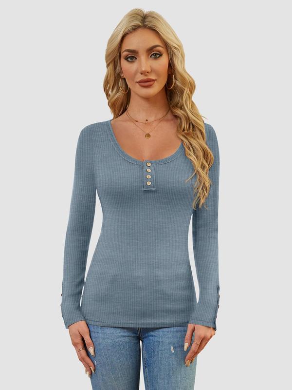 Women’s Long Sleeve T Shirts Button Slim Fit Tops Scoop Neck Ribbed Knit Shirts Casual Clothing Bag Blouses Bottoms Comfy Cute Fashion Pleated