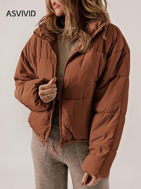 Women's Solid Drawstring Drop Shoulder Quilted Warm Jacket, Casual Long Sleeve Zip Up Outerwear for Winter, Ladies Clothes for Daily Wear