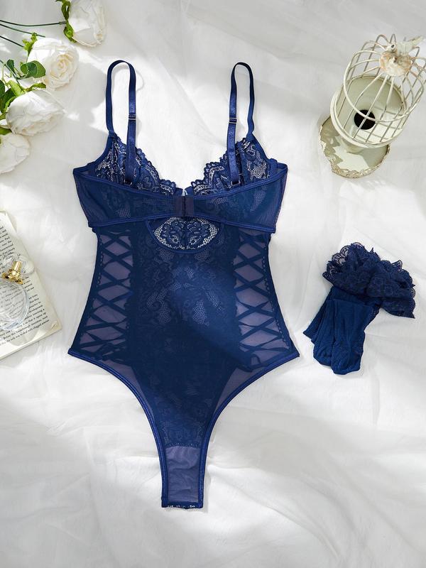 Women's Solid Floral Lace Sheer Sexy Lingerie Two-piece Set, Adjustable Strap Lace Up Tie Side Bodysuit & Lace Hem Stocking Set, Women Sexy Lingeries Set for All Seasons