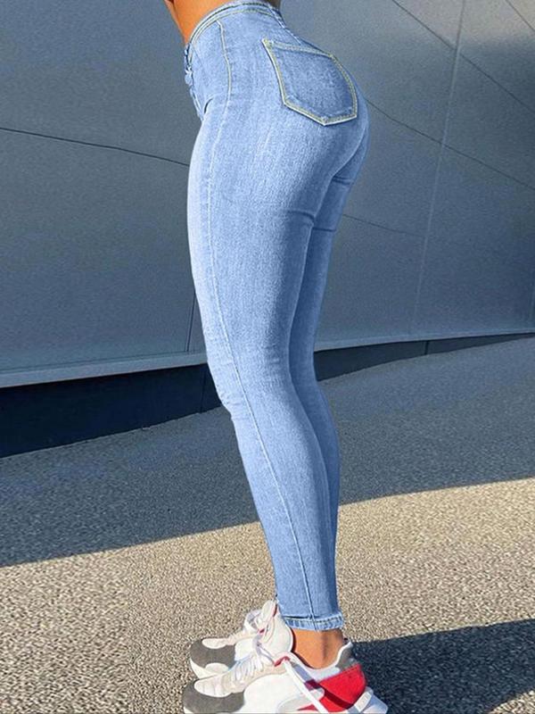 Women's Plain High Waist Button Fly Skinny Jeans, Casual Comfy Pocket Design Denim Jeans for Daily Wear, Ladies Bottoms for All Seasons