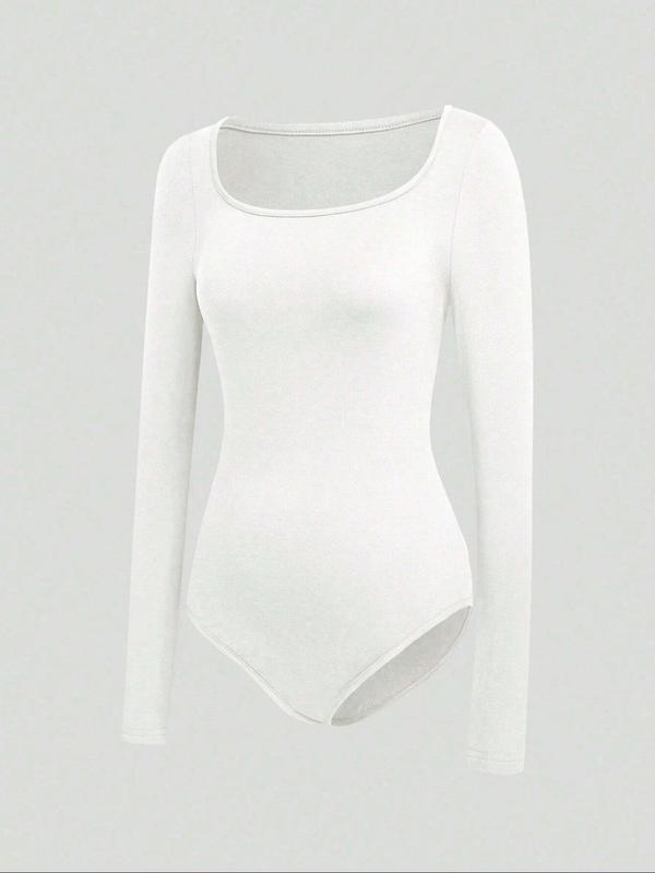Women's Solid Scoop Neck Long Sleeve Bodysuit, Casual Tops, Comfy Bodysuit for Daily Wear, Ladies Clothes for All Seasons North West Body Suit
