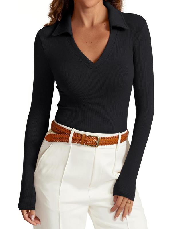 Women's Plain Long Sleeve Polo Neck Tee, Casual T-shirt  for Fall & Winter, Women's Clothing for Daily Wear
