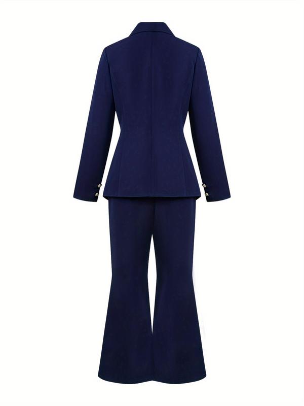 Women's Solid Color Lapel Neck Blazer & Pocket Pants Two-piece Set, Casual Long Sleeve Button Decor Outerwear & Trousers for Work Office Business, Ladies Fall & Winter Clothes