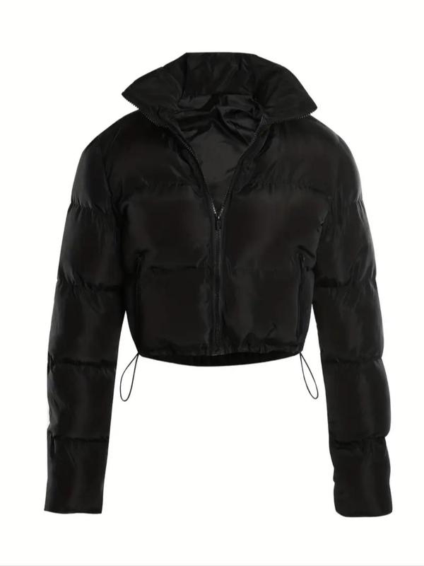 Women's Solid Zip Up Drawstring Pocket Winter Coat, Casual Long Sleeve Thermal Outerwear for Fall & Winter, Women's Clothing for Daily Wear