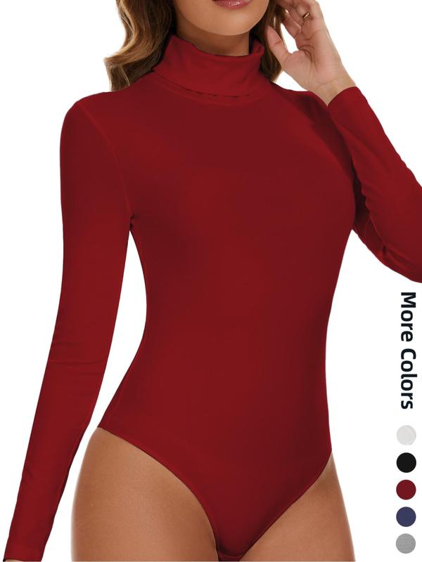 Women's Solid Long Sleeve Thermal Bodysuit, Casual Comfy High Neck Snap Button Warm Bodysuit for Spring & Fall, Women Thermal Underwear for Daily Wear