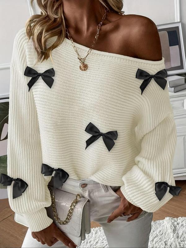 Women's Bow Decor Drop Shoulder Sweater, Casual Long Sleeve Boat Neck Jumper for Fall & Winter, Fashion Ladies' Knitwear for Daily Wear, Preppy 80s Clothes