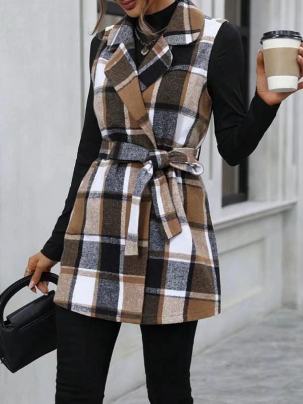 Women's Plaid Print Belted V Neck Waistcoat, Casual Fashion Comfy Gilet Coat for Daily Outdoor Wear, Women Clothes for Fall, Lady Fitted Vest Coat Womenswear, Back To School Outfit for Christmas