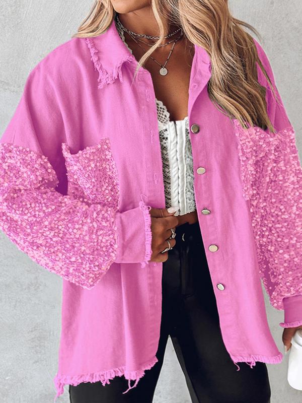  Contrast Sequin Raw Hem Button Front Shirt Jacket, Casual Long Sleeve Collared Pocket Outerwear for Fall & Winter, Women's Clothes for Daily Wear