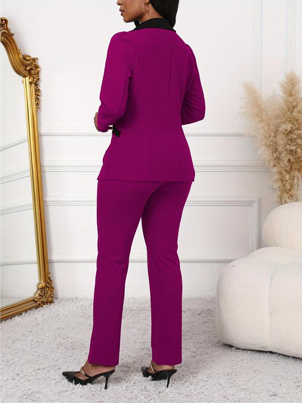 Two-piece Set Women's Colorblock Lapel Neck Pocket Button Blazer & Pants, Elegant Fashion Two Piece Outfits for Work Office Business, Ladies Clothes for All Seasons
