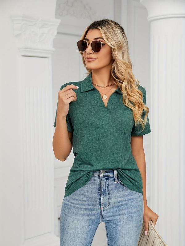 Women's Plain Pocket Polo Neck Tee, Casual Short Sleeve T-Shirt for Daily Wear, Ladies Clothes for All Seasons