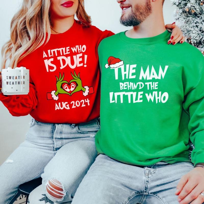 Personalized Pregnancy Christmas Sweatshirt, A Little Who is Due Sweatshirt, Couples Pregnancy Announcement Sweatshirt, Holiday Gender Reveal Gift