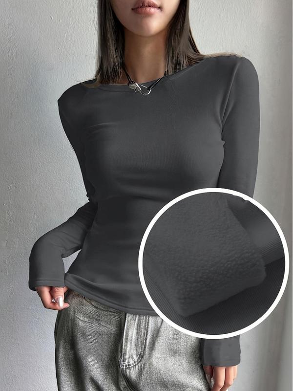 Women's Solid Thermal Lined Crewneck Top, Casual Long Sleeve Round Neck Top for Fall & Winter, Women's Thermal Underwear for Daily Wear