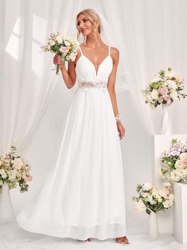 Women's Plain Contrast Lace Chiffon Wedding Vintage Dress, Elegant Embroidery Long Cami Dress, Summer Outfits 2024, Ladies Summer Clothes for Party Wedding Guest