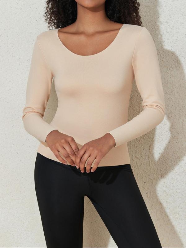 Women's Solid Thermal Lined Underwear Top, Casual Comfy Warm Round Neck Long Sleeve Top for Fall & Winter, Women's Underwear for Daily Wear