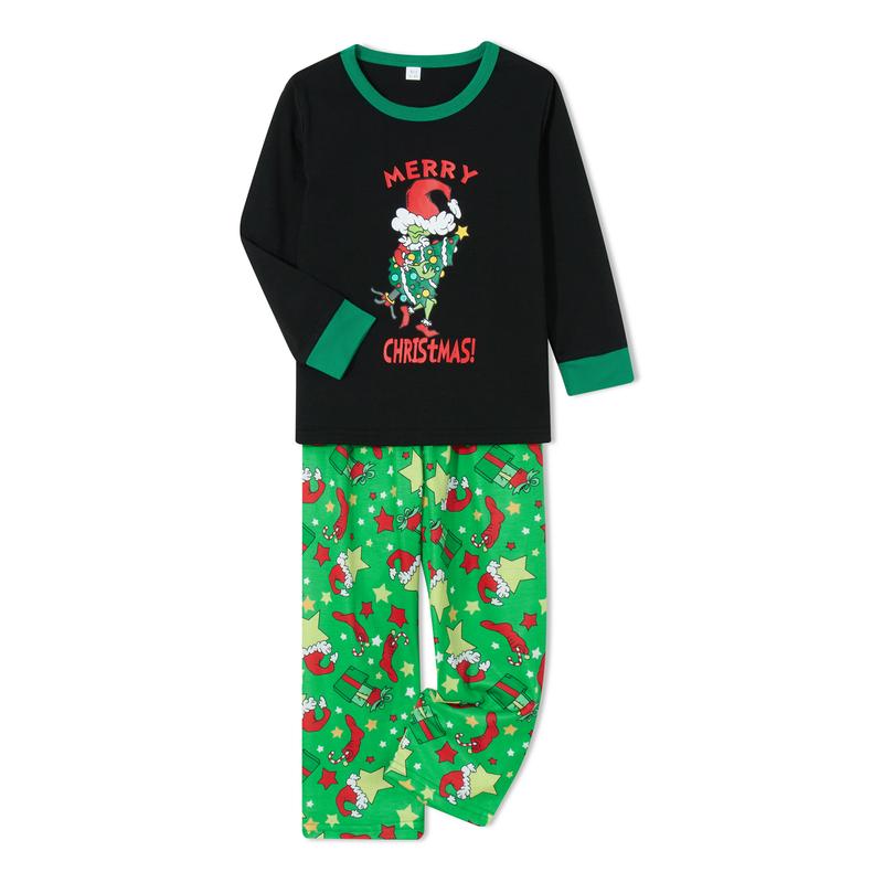 Matching Christmas Pajamas For Family Long Sleeve Cartoon Print Tops + Trousers Set Winter Holiday Sleepwear