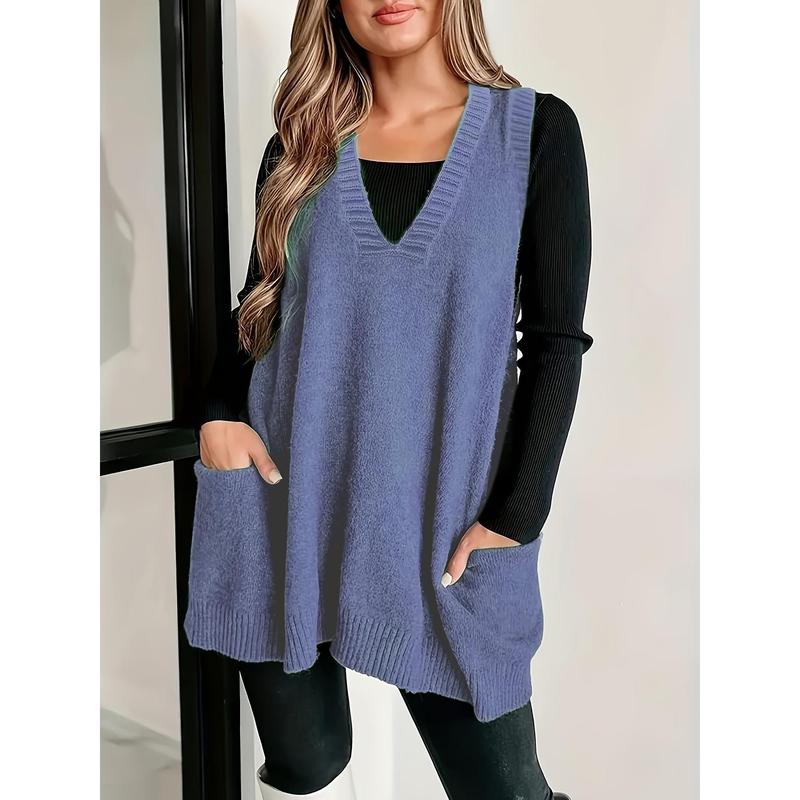 Plus Size Pockets Knitted Sweater Vest, Casual Solid Color V Neck Sleeveless Top For Fall & Winter, Women's Plus Size Clothing