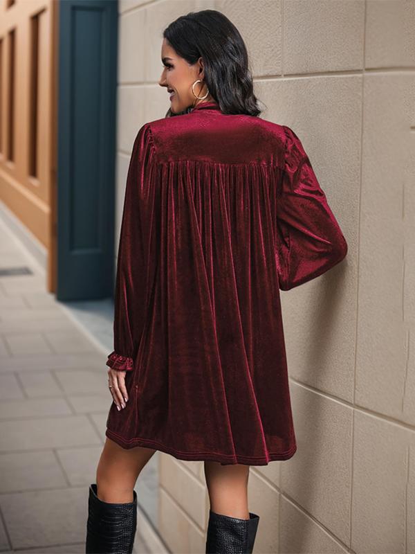 Women's Velvet Wrap V Neck Flounce Sleeve Dress, Casual Ruffle Trim Frill Trim A Line Short Dress for Fall & Winter, Women's Clothing for Daily Wear