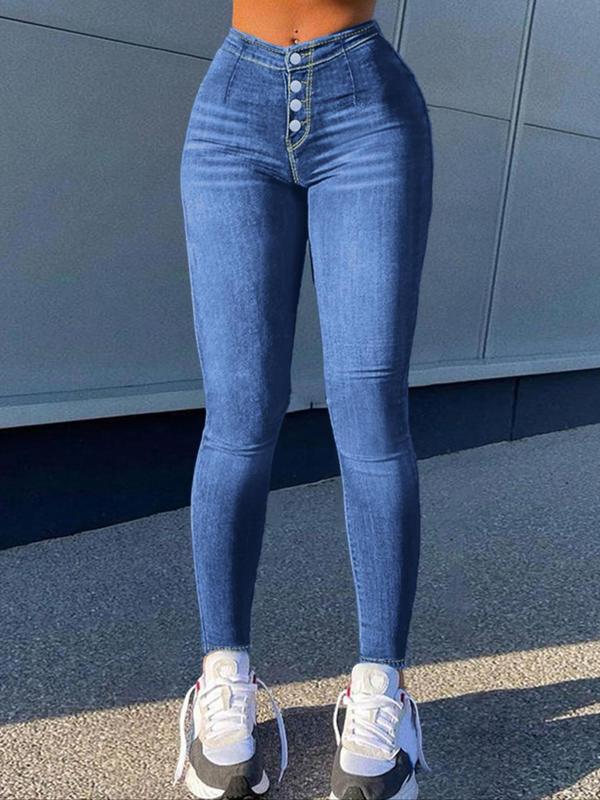 Women's Plain High Waist Button Fly Skinny Jeans, Casual Comfy Pocket Design Denim Jeans for Daily Wear, Ladies Bottoms for All Seasons