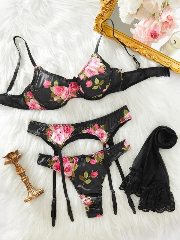 Women's Floral Print  Bra & Thong & Garter Belt  & Contrast Lace Stockings Set, Sexy Adjustable Strap Backless Lingerie Set, Women's Underwear Set