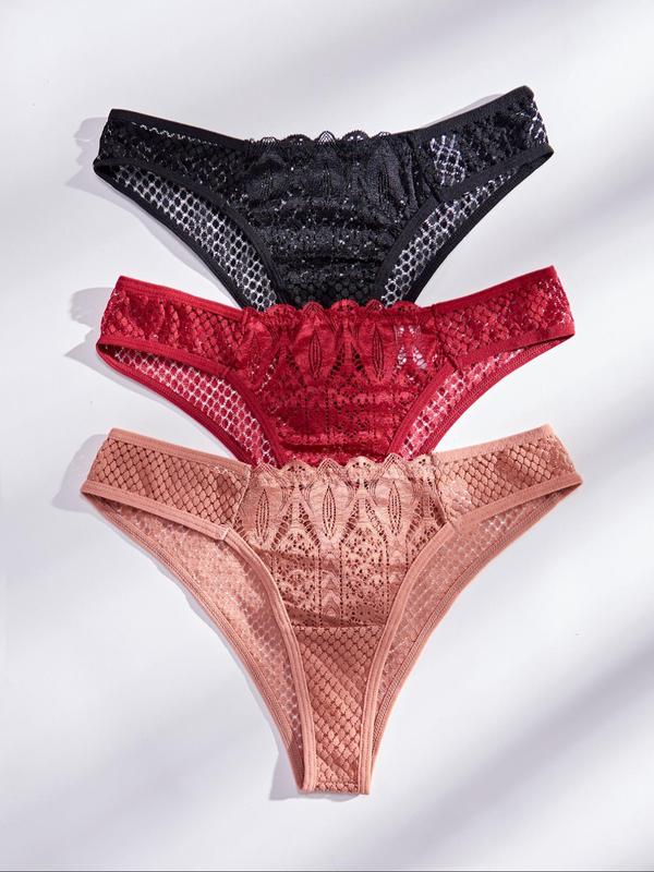 Women's 3pcs Solid High Cut Lace Knicker, Fashion Casual Comfy Panty for Daily Wear, Ladies Underwear for Summer