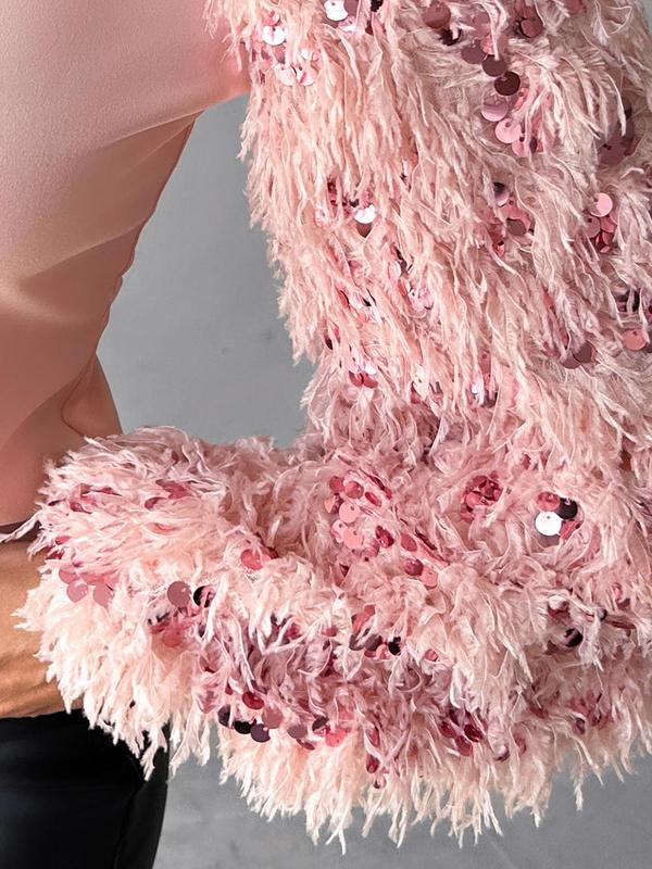 Women's Sequins Decor Fuzzy Bishop Sleeve Mock Neck Blouse, Casual Long Sleeve Top for Fall & Winter, Women's Clothing for Daily Wear
